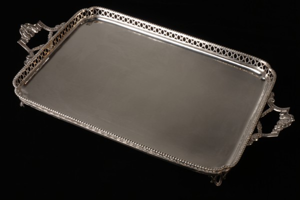 Silversmith: Rudolph Sondag, Silver tray on legs with two handles, tray top holder silver, cast, beaded edge handles