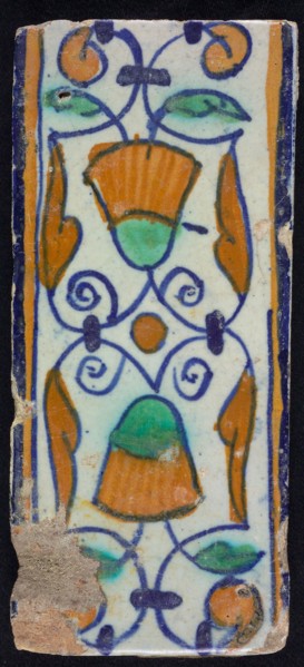 Border tile, flower decoration in blue, yellow and green, upper and lower edge blue and yellow, border tile wall tile tile