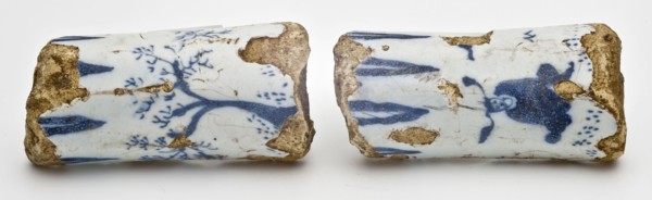 Fragments of faience case, Chinese decor on gray-white background, fragment earth discovery ceramic earthenware glaze tin glaze