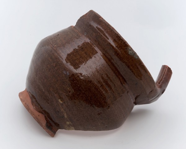 Fragment handle and bowl, molded handle, stain fire test test pot holder fragment earthenware ceramics earthenware glaze lead