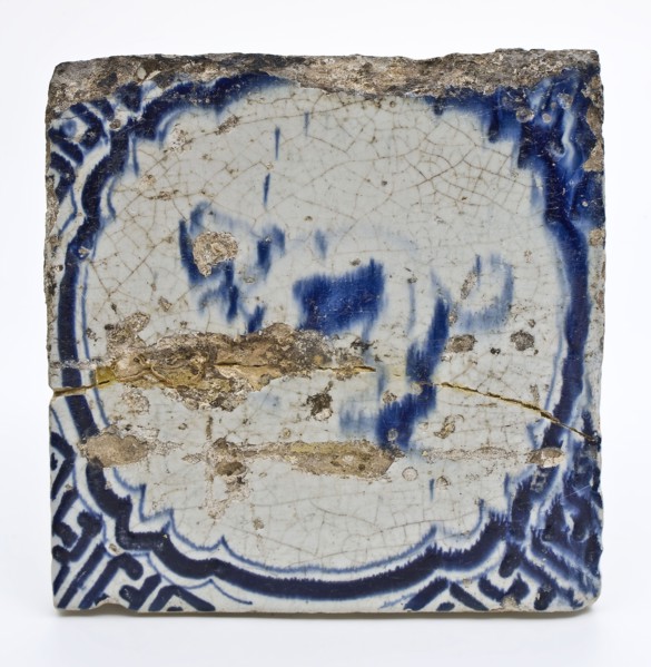 Animal tile, tile with dog in circle with meanders, wall tile tile sculpture soil find ceramic earthenware glaze tin glaze