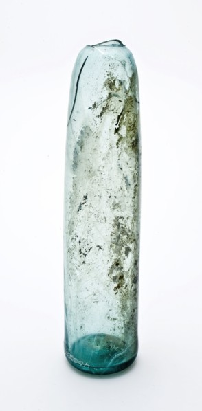 Fragment of soil, body and shoulders of storage bottle, bottle holder soil find glass, hand blown in mold blow Fragment