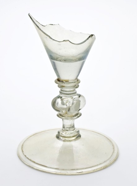 Fragment of foot, trunk and goblet of chalice, drinking glass drinking utensils tableware holder soil find glass, handblown