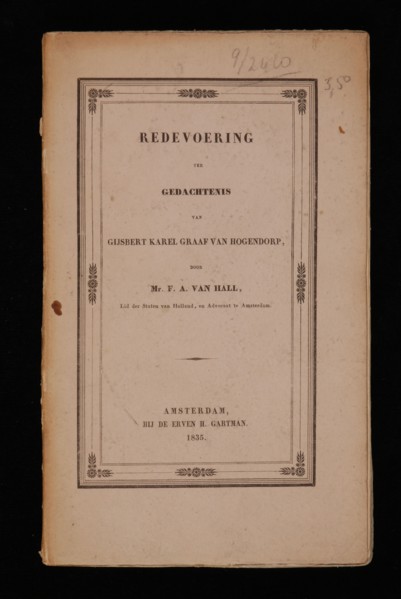 Gartman, de erven H., HALL, Mr. FA. FROM. speech in memory of Gysbert Karel Graaf van Hogendorp, old-print book information form