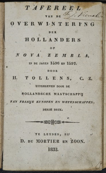 Mortier en zoon, D. du, TOLLENS C.Z., H. Scene of the wintering of the Dutch on Nova Zembla in the years 1596 and 1597, old