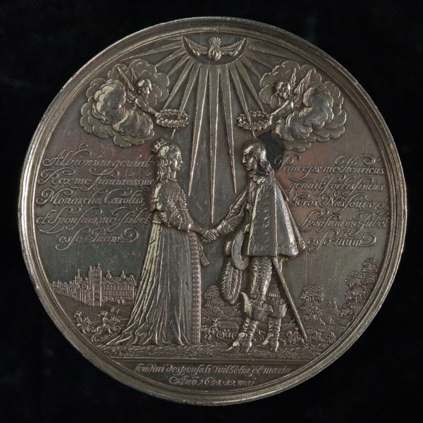 J. Blum, Medal on the wedding of Prince William II and Mary of England, wedding medal penning footage silver, the bride and groom