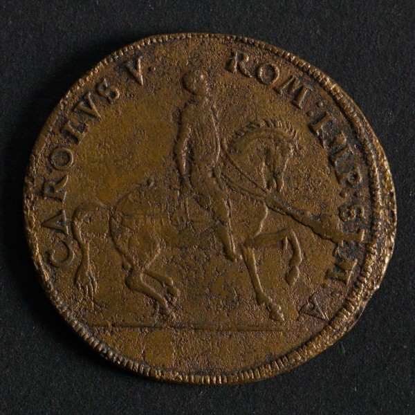 Medal Karel V, jeton use fee penny swap soil find? copper, king on horseback omschrift: CAROLVS V - ROM: IMP: SEM: - archeology