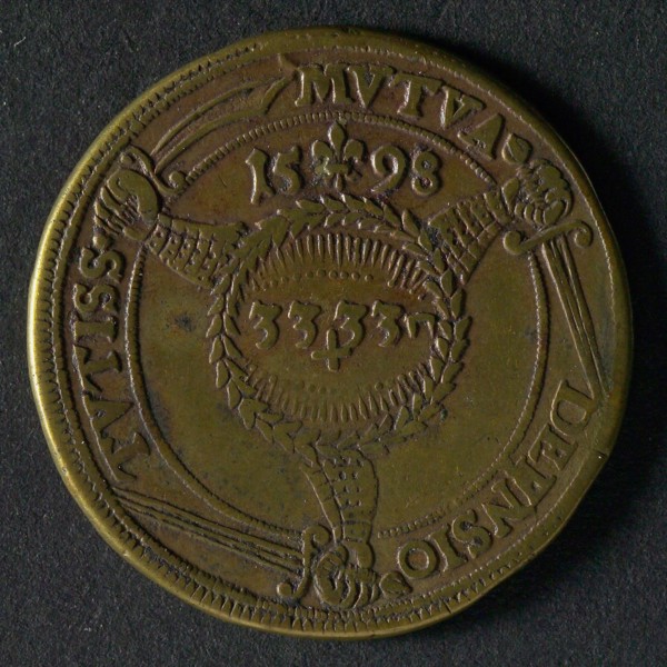 Medal on the union of France, England and the Netherlands, jeton utility medal medal exchange copper, three arms with sword