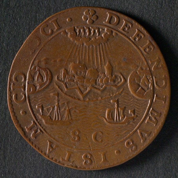 Bill on the conquest of Rijnberk by Prince Maurits and the siege of Ostend by the Spaniards, jeton utility medal medal exchange