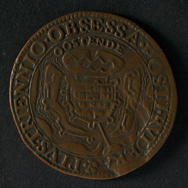 Medal on the surrender of Ostend, jeton utility medal medal exchange buyer, map of Oostende omschrift: PLVS. TRIENNIO. OBSESSA