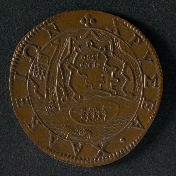Medal on the surrender of Ostend, jeton utility medal medal exchange buyer, view of Sluis and surroundings, SLVIS (Sluis) legend