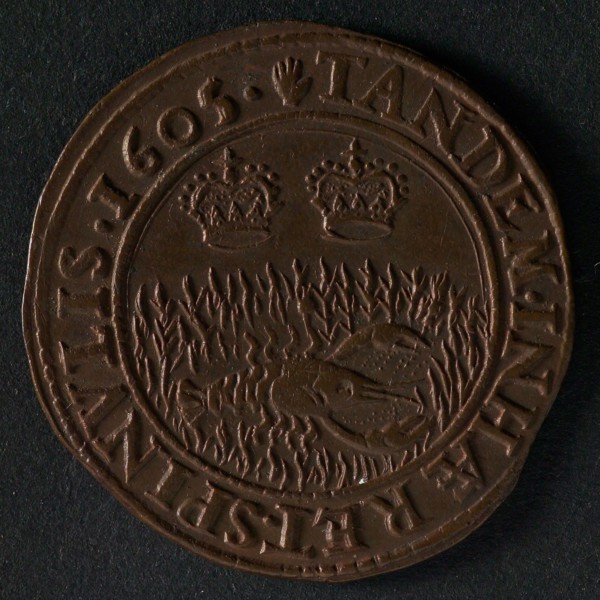 Medal on the surrender of Ostend, jeton utility medal penny exchange copper, lobster in thornbush above two crowns omschrift