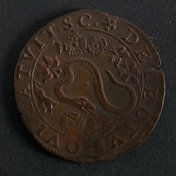 Medal on the gunpowder betrayal, jeton utility medal medal exchange copper, serpent between lilies and roses omschrift: DETECTVS