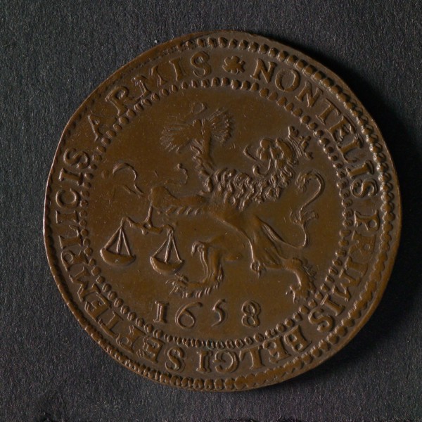 Medal on the aid of the Republic to Denmark against Sweden, jeton utility medal medal exchange copper, crowned Dutch lion