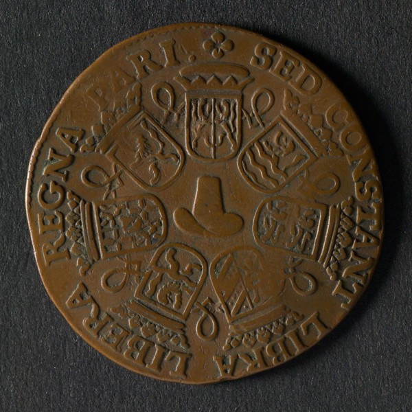 Medal on the covenant between the Republic, France and England, jeton utility medal medal exchange copper, crowned Dutch lion