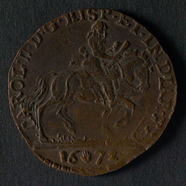 Medal from the Southern Netherlands, jeton utility medal medal exchange copper, King Charles II on horseback to right legend