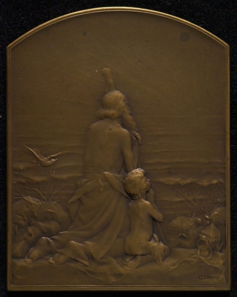 Georges Dupré (1869 - 1909), Plaque, rectangular with round top, Salut au Soleil, plaque bronze, old man and little boy kneeling