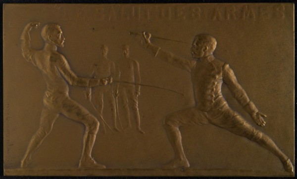Ernesta Robert-Mérignac (1858 - 1933), Plaque Salut des Armes, plaque bronze, two men are fencing In the background two men