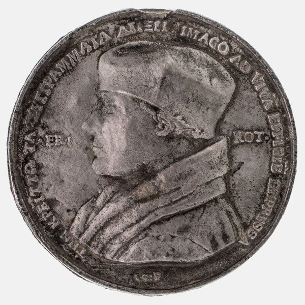 after:: Quinten Massijs, Terminus medal at Erasmus, penning visual material zinc, cast, Left accustomed bust of Erasmus