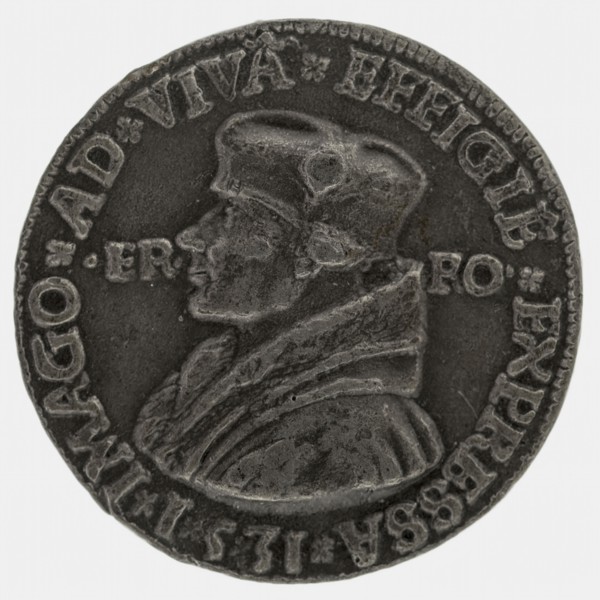 after:: Quinten Massijs, Terminus medal at Erasmus, medallion medals lead metal, hand-painted, left accustomed bust of Erasmus