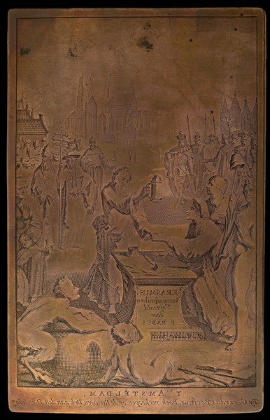 Engraver: J. Mulder, Copperplate for engraving (title print) with among others Erasmus, Diogenes, city of Rotterdam