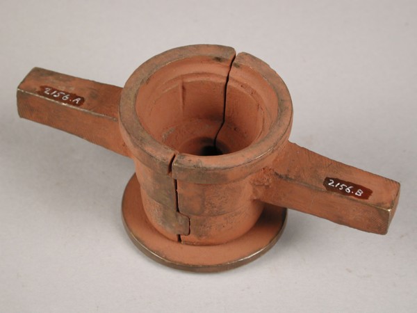 Three parts of four-piece bronze mold for screw cap of jug, mold casting tool tools equipment base metal bronze, cast turned