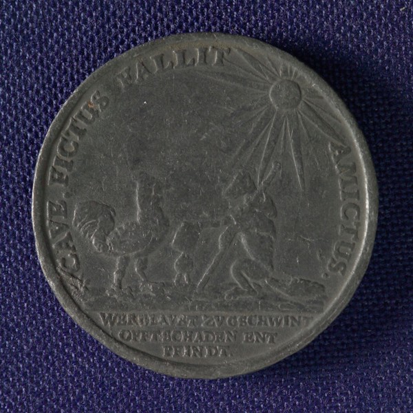 German penny on credulity, medallions lead metal, Fox shows rooster sealed certificate under bright sun legend: CAVE.FICTUS