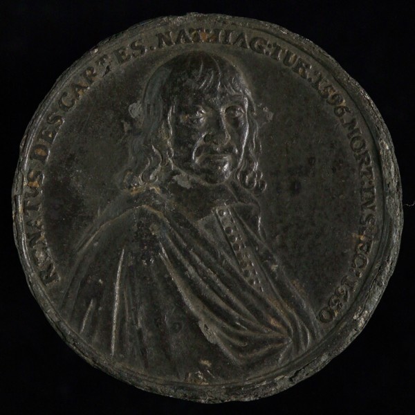 I. Smeltzing, Medal on the death of René Descartes in 1650, death certificate medallion images lead metal, bust of Descartes
