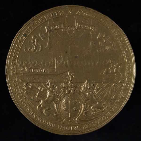 Medal at the opening of the Haarlem-Leiden Trekvaart in 1657, penny footage copper, draft barge with horse; in the background
