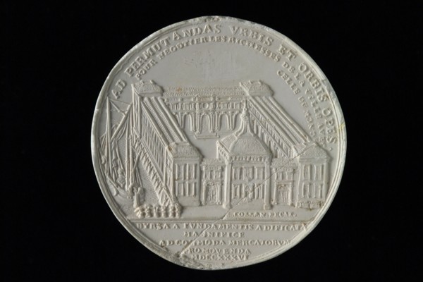 production: M. Holtzhey, One-sided gypsum print of reverse side of commemorative medal on the completion of the Rotterdam Stock