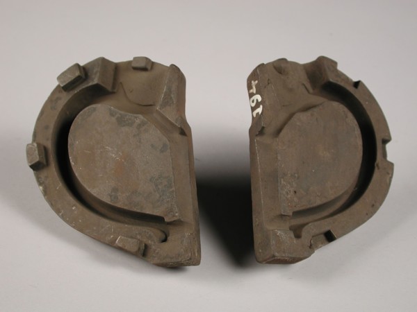 Two parts of three-piece bronze mold for ear of pot or jug, mold casting tool tools equipment base metal bronze, cast Three