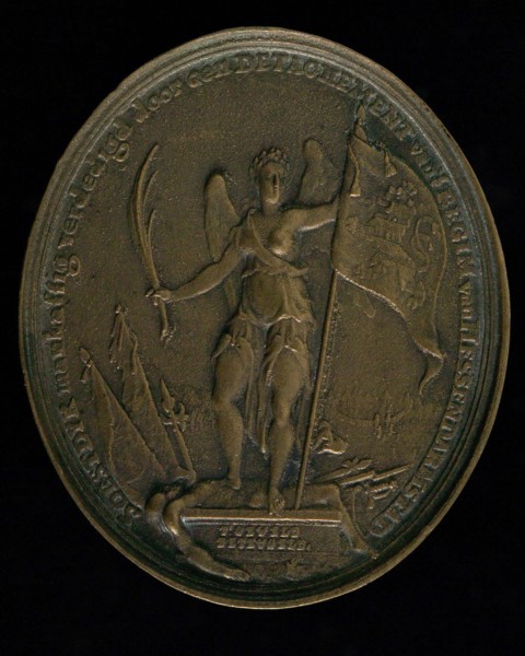 Oval penny on the defense of Soestdijk by detachment of the Hessen-Darmstadt regiment, medallion image copper, winged female
