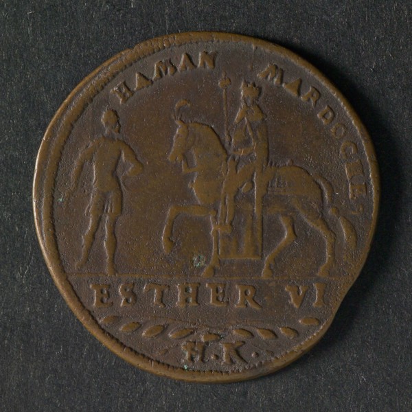 Hans Krauwinkel, Medal Ester VI, jeton utility medal medal exchange copper, crowned crowned king (Mordecai) on the left