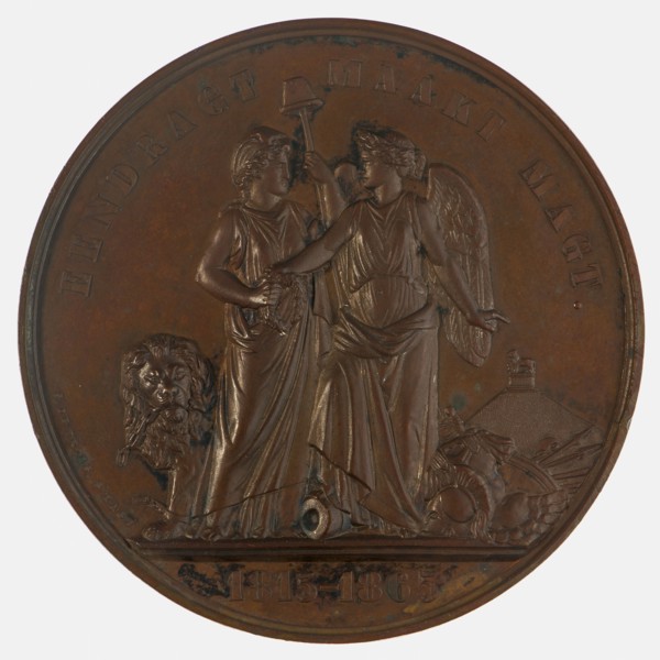 S. de Vries, Medal on the fiftieth anniversary of the Battle of Waterloo, commemorative medal penning visual material bronze