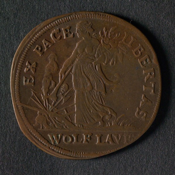 Wolf Laufer, Calculation medal, jeton use medal penny swap copper, dolphin swimming to the right; hand coming from the cloud