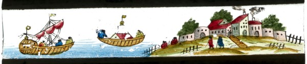 Hand-painted lantern plate with village and seascape, slide plate diapositive footage glass paper, Hand-painted slide with top
