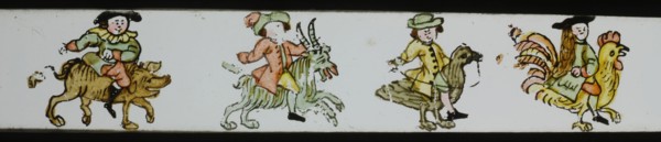 Hand-painted lantern plate with men on animals, slide plate slideshope images glass paper, Hand-painted slides with top