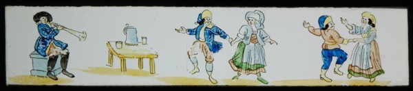 Hand-painted lantern plate with musician and dancing farmers, slide plate slideshope images glass paper, Hand-painted slides