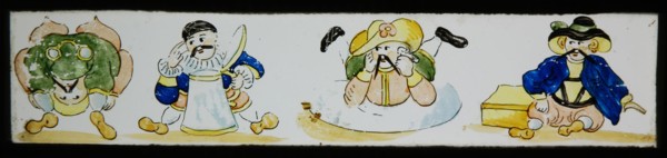 Hand-painted lantern plate with caricatures, slide plate slideshope images glass paper, Hand-painted slides with top and bottom
