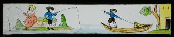 Hand-painted lantern plate with fishing man and woman, slide plate slideshope images glass paper, Hand-painted slides