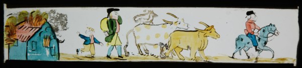 Hand-painted lantern plate with burning house and departing farmers with cattle, slide plate slideshope images glass paper, Hand