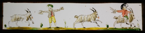 Hand-painted lantern plate with bokken and bokkenrijder, slide plate slideshope images glass paper, Hand-painted slides