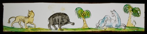 Hand-painted lantern plate with wild animals and palms, slide slide slideshope images glass paper, Hand-painted slides