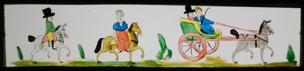 Hand-painted lantern plate with men and women on horseback and in carriage, slide plate slideshope images glass paper, Hand