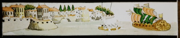 Hand-painted lantern plate with harbor, sailing ship and sloop, slideshelf slideshare images glass paper, Hand-painted slides