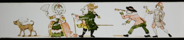 Hand-painted lantern plate with dog, gentleman and lady of stand, and on the right two young men, slide slide slideshoot images