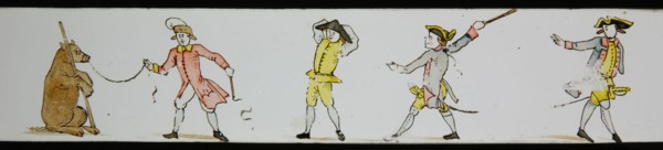 Hand-painted lantern plate with catered bear and men, slide plate slideshope images glass paper, Hand-painted slides