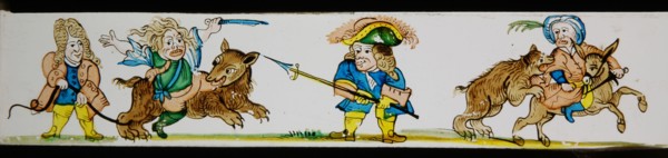 Hand-painted lantern plate with hunting scene, slide slide diapositive footage glass paper, Hand-painted slide with top