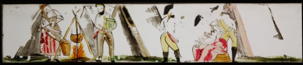 Hand-painted lantern plate with women and soldiers, slide plate slideshope images glass paper, Hand-painted slides with top