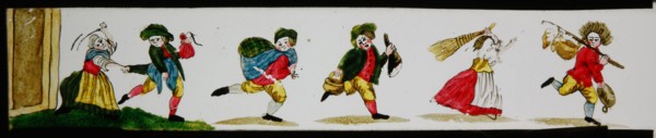 Hand-painted slide with fleeing thieves, slide plate slideshope images glass paper, Hand-painted slides with top and bottom